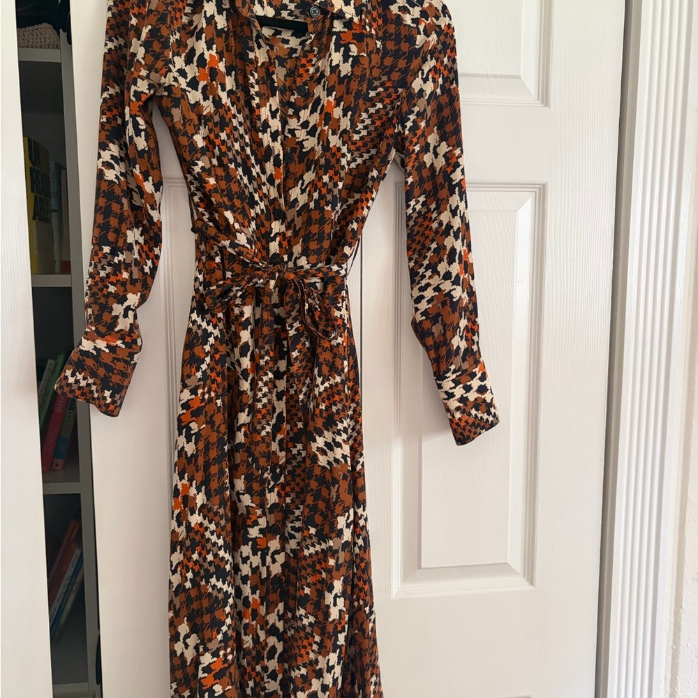 Women’s Long Sleeve Equipment Patterned Wrap Dress in Brown and Cream